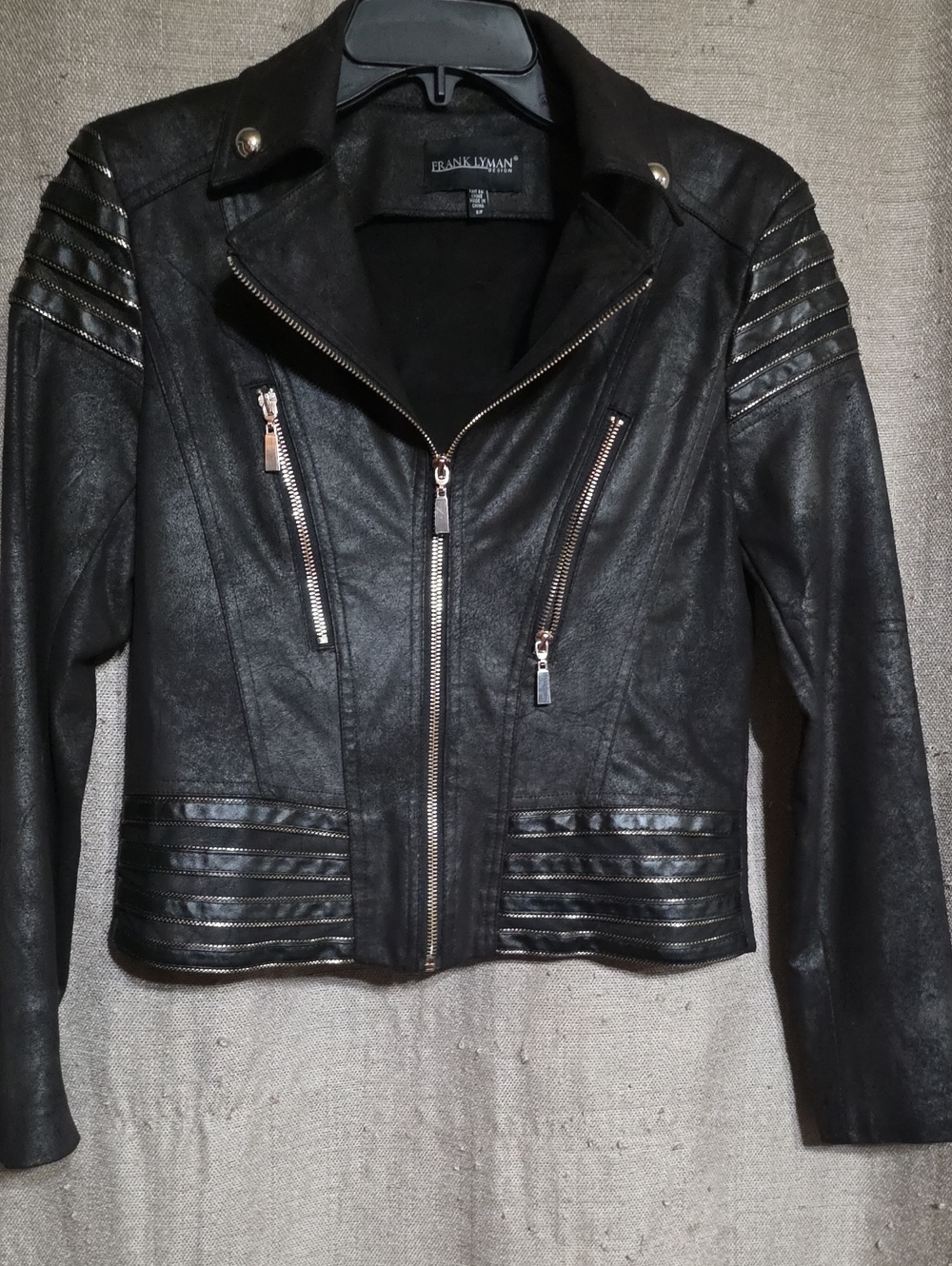 Frank Lyman Design SZ S Black Faux Leather Quilted Moto Jacket Gold Zippers